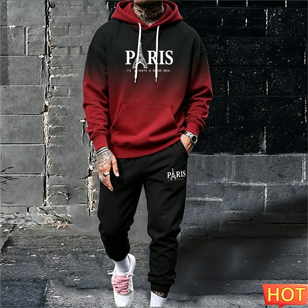 Y2K Winter Clothing - Herfst/Winter Heren Hoodie Set Parijs Gradient